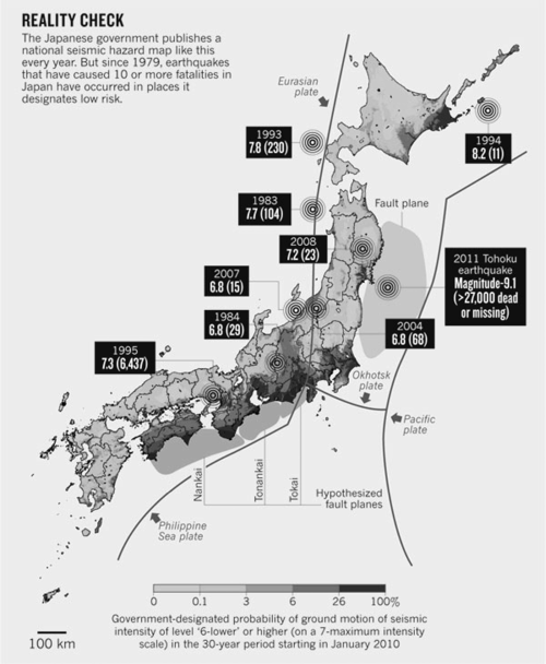 Comparison of Japanese government hazard map to the locations of earthquakes since 1979…
