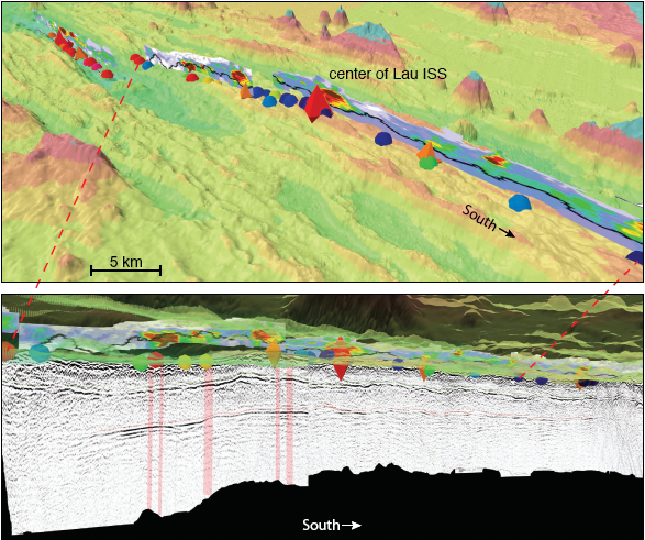 Screen shots of the Lau basin visualization highlighting the integrated study site (ISS) area along the eastern Lau spreading
center…