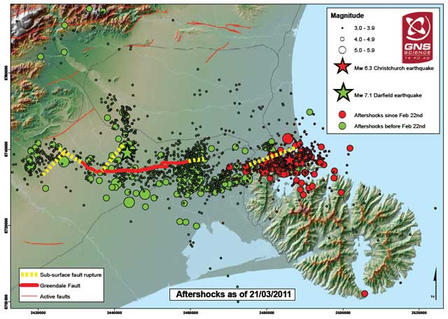 Fig. 1. Map of the Canterbury region showing epicenters of the Darfield and Christchurch earthquake sequences.