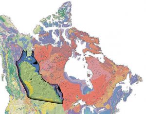 Western Canadian Sedimentary Basin (outlined in black) on a geological map of Canada. / Wikimedia Commons