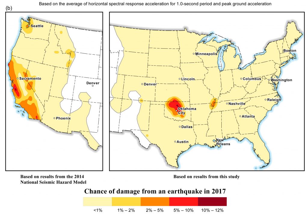 Chance of damage from an earthquake in 2017. Hazard for the western United States from the 2014 National Seismic Hazard Maps is shown for comparison.