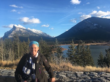 Rachel Hatch in front of Mount Rundle in Banff.