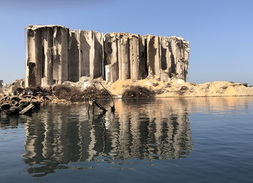 Explosion-damaged silos in Beirut port.