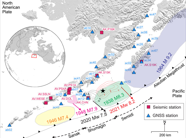 Seismic and GNSS station coverage for the 2021 Mw 8.2 Chignik earthquake. | Parameswaran et al. (2023), SRL