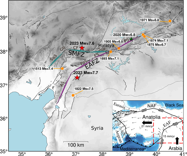 past and Feb 2023 Turkiye earthquakes map