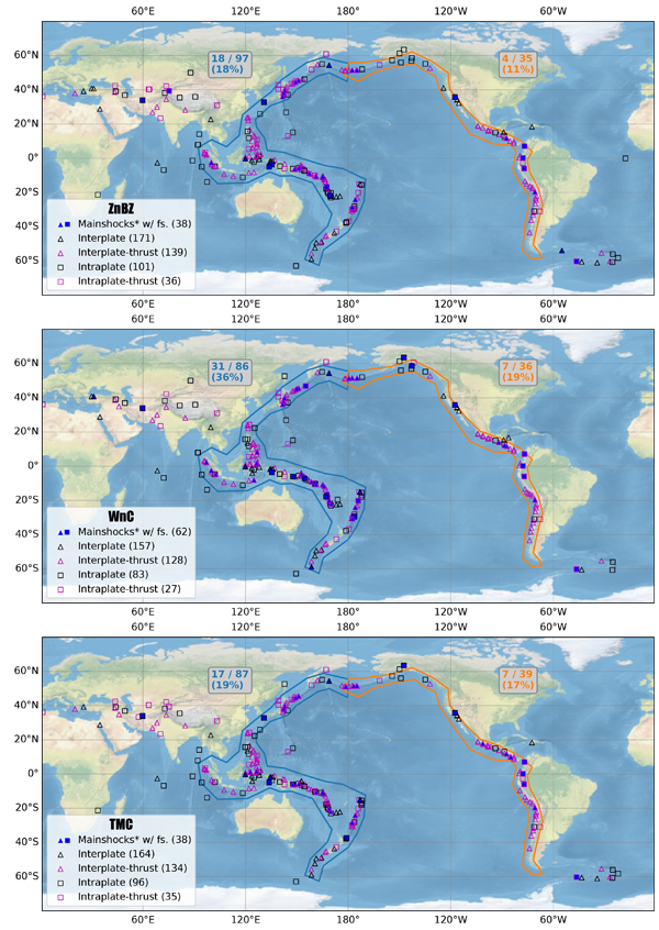 map of foreshocks for circum-Pacific mainshocks