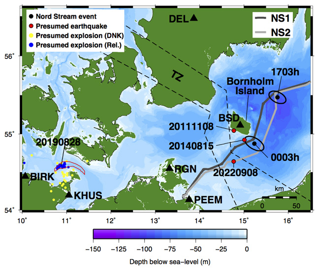 Map showing the locations of the two largest Nord Stream events and other events analyzed in this study. | Heyburn et al. (2024) TSR