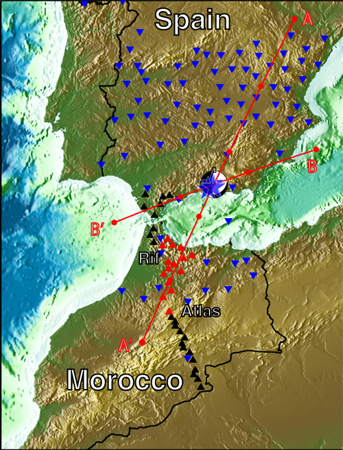Map of seismic stations and the deep Granada earthquake. Red triangles indicate stations for studying the low velocity layer on the slab.