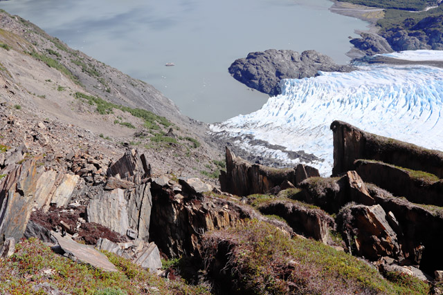 The most active part of the instability at Portage Glacier, looking down on Portage Lake and a tour boat in the distance. | Bretwood Higman