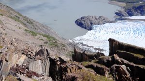 The most active part of the instability at Portage Glacier, looking down on Portage Lake and a tour boat in the distance. | Bretwood Higman