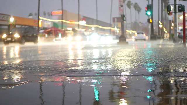 Los Angeles street in a rainstorm 2023