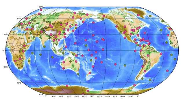 world map showing locations of Global Seismographic Network stations