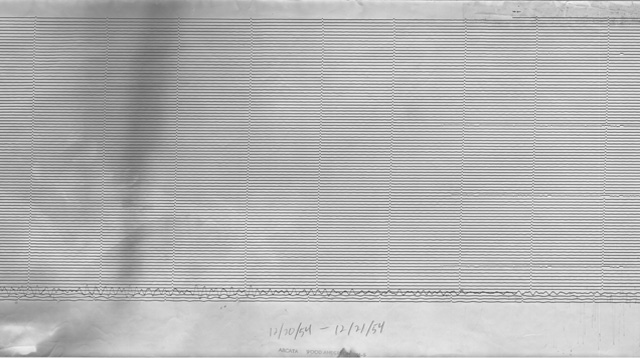 Seismogram from the stations ARC, located in Arcata on the grounds of and operated by Humboldt State College (now Cal Poly Humboldt), from the north-south oriented Wood-Anderson seismograph starting at 20:55 UTC on 20 December 1954.