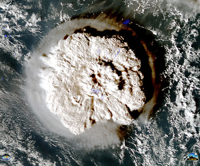 aerial photo above the Hunga Tonga-Hunga Ha'api volcano