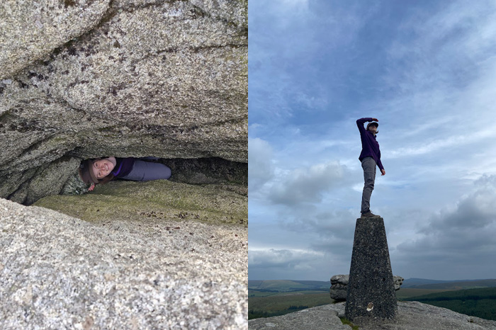 Kat Dapré under and on top of rocks at Bellever Tor in Dartmoor.
