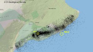 Map of Island of Hawai'i showing location of earthquakes between May 4 2018 and March 14, 2019.