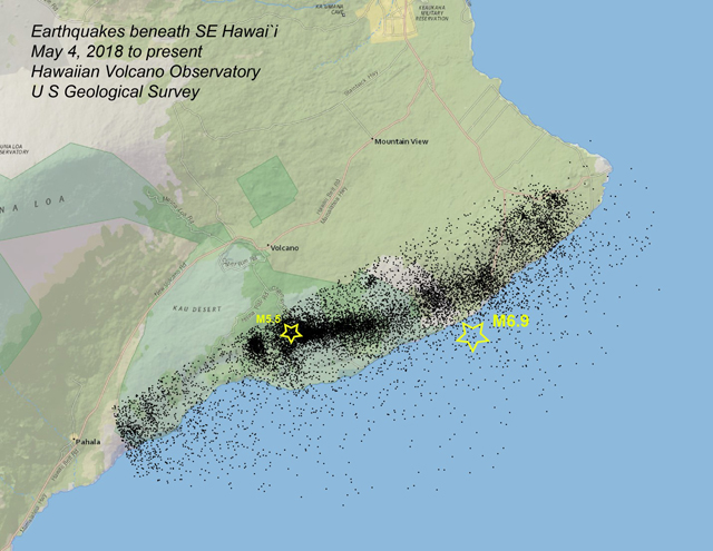 Map of Island of Hawai'i showing location of earthquakes between May 4 2018 and March 14, 2019.