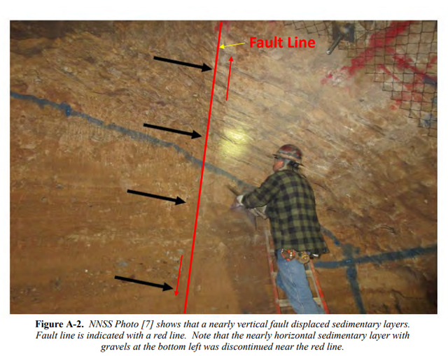 photo of fault displacement on wall of PULSE underground lab