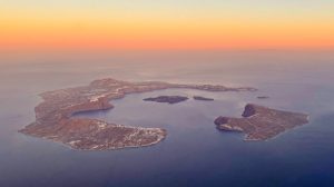 Aerial photo of Santorini at sunset