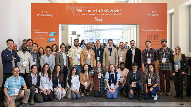 2026 Annual Meeting Travel Grant Recipients in front of SSA banner