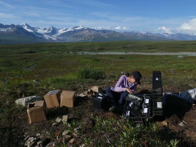 Meghan Miller deploying a temporary seismic station in Alaska